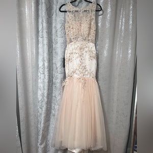 Peachy cream/ Nude BEADED LACE DETAIL Evening Gown